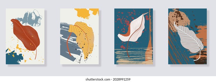  Trendy set of minimalist abstract leaves and abstract forms. Minimal botanical wall art. Mid century modern graphic. Plant art design for social media, blog post, print, cover, wallpaper. Vector
