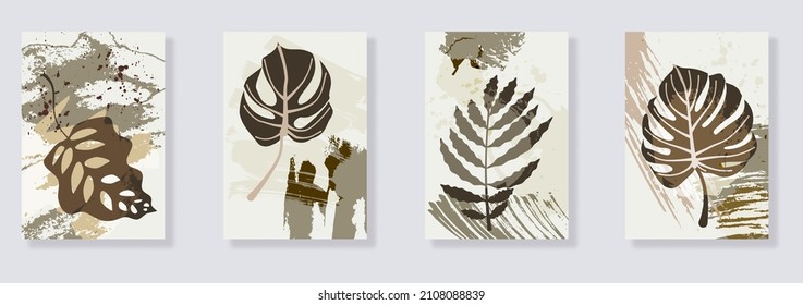 Trendy Set Of Minimalist Abstract Leaves And Abstract Forms. Minimal Botanical Wall Art. Mid Century Modern Graphic. Plant Art Design For Social Media, Blog Post, Print, Cover, Wallpaper. Vector