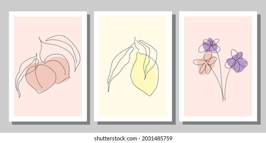 Trendy set of minimalist botanical line art vector illustration with peach, lemon, flowers. Good for print, card, poster, wallpaper, interior design 