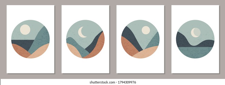 Trendy set of minimalist landscape abstract contemporary collage, mountains lake moon wall art poster design