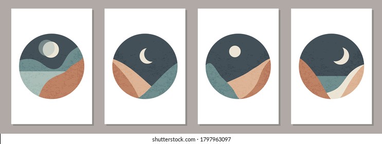 Trendy set of minimalist landscape abstract contemporary collage, mountains lake moon wall art poster design