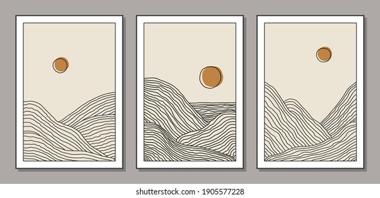 Trendy set of minimalist landscape abstract contemporary collage, mountains lake sunset wall art poster design