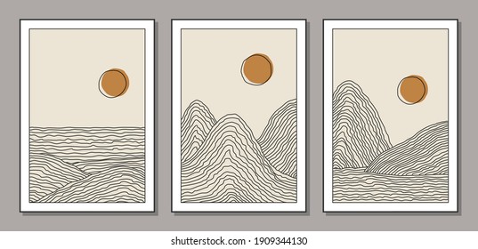 Trendy set of minimalist landscape abstract contemporary collage, mountains lake sunset wall art poster design