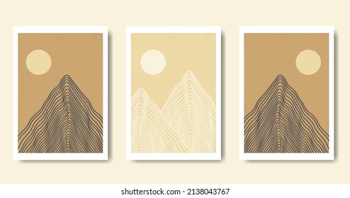 Trendy set of minimalist landscape abstract contemporary collage, mountains and sunset wall art poster design