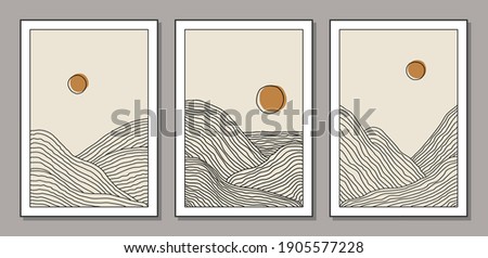 Trendy set of minimalist landscape abstract contemporary collage, mountains lake sunset wall art poster design