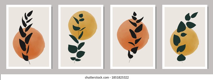 Trendy set of minimalist posters with botanical branch and leaves, ideal for art gallery, modern wall art poster, minimal interior design, vector illustration