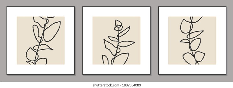 Trendy set of minimalist posters with botanical branch and leaves, ideal for art gallery, modern wall art poster, minimal interior design, vector illustration