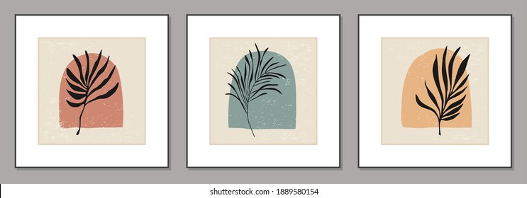 Trendy set of minimalist posters with botanical branch and leaves, ideal for art gallery, modern wall art poster, minimal interior design, vector illustration
