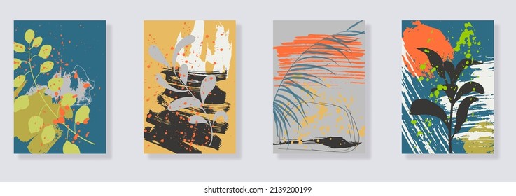 Trendy set of minimalist tropical leaves and abstract forms. Minimal botanical wall art. Mid century modern graphic. Plant art design for social media, blog post, print, cover, wallpaper. Vector