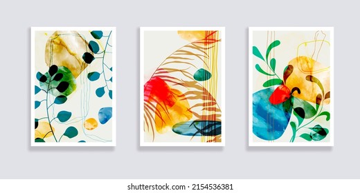 Trendy Set Of Minimalist Tropical Leaves And Abstract Forms. Minimal Botanical Wall Art. Mid Century Modern Graphic. Plant Art Design For Social Media, Blog Post, Print, Cover, Wallpaper. Vector