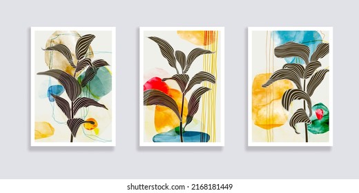 Trendy Set Of Minimalist Tropical Leaves And Abstract Forms. Minimal Botanical Wall Art. Mid Century Modern Graphic. Plant Art Design For Social Media, Blog Post, Print, Cover, Wallpaper. Vector