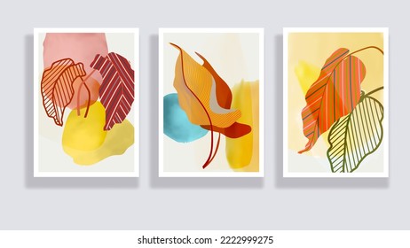 Trendy set of minimalist tropical leaves and abstract forms. Minimal botanical wall art. Mid century modern graphic. Plant art design for social media, blog post, print, cover, wallpaper. Vector