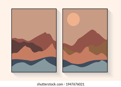 A trendy set of minimalistic abstract collages of mountain landscapes with sunrise, sunset,and moon. The walls are decorated in pastel colors in the boho style. Wall art of the early mid-century.