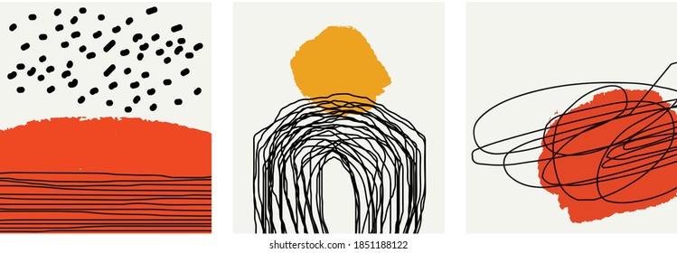 Trendy set of minimalistic abstract  hand drawn illustrations with doodles, watercolor, dots for wall decoration, brochure design, postcard, social media design.
