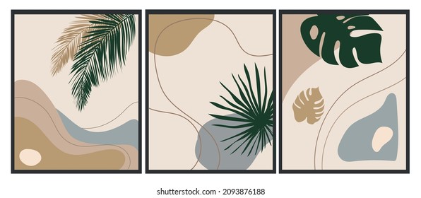 Trendy set of minimalistic abstract illustrations with palm leaves and abstract shapes. Minimal botanical wall art .Plant art design for social media, print, cover, wallpaper. Vector illustration