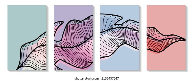 Trendy set of minimalistic abstract vector illustration. Minimal botanical wall art. Large tropical leaf with shades of blue, pink, purple. Plant design for social media, blog post, rint, cover.