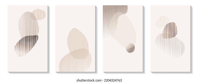 Trendy set of monochrome minimalistic abstract vector illustrations. Abstract shapes in natural shades of beige and grey. Pattern of vertical stripes. Minimal botanical wall art. 