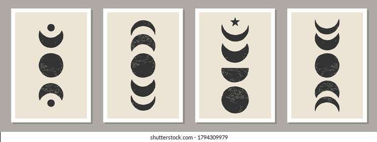 Trendy set of Moon Phases abstract contemporary aesthetic posters, wall art decor, mid century modern minimalist art print background, organic shapes, magic concept