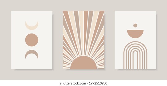 Trendy Set Of Moon Phases, Arch And Abstract Sun Prints In Pastel Colors.  Contemporary Aesthetic Poster Set.  Vector Template For Posters, Covers, Cards, Books, Etc.