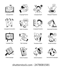 Trendy Set of Multilingualism Doodle Icons 

