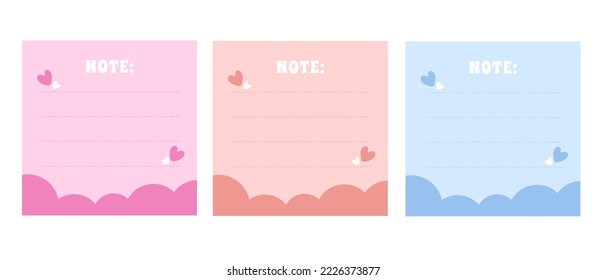 Trendy set note sticker sheets of note papers, sticky notes vector cute pastel color with hearts. Blank paper notes, sticker notepads and to do memo messages