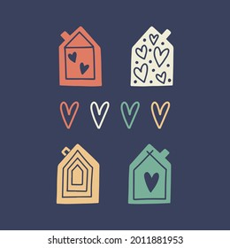 Trendy set with original cute cartoon houses with hearts in a modern retro style. Vector illustration isolated on dark background. Perfect for fabric print, invitation, design