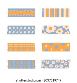 Trendy set of pastel stylish washi tape isolated on a white background. Vector stripes and pieces of duct paper or scotch with different print