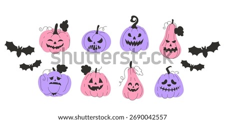 Trendy set of pink and purple jack-o’-lantern pumpkins with bats for Halloween decor