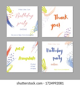 Trendy set of postcards. Abstract design. Invitation to an online party. Modern blog template. Square cards and thank cards.Post birthday party