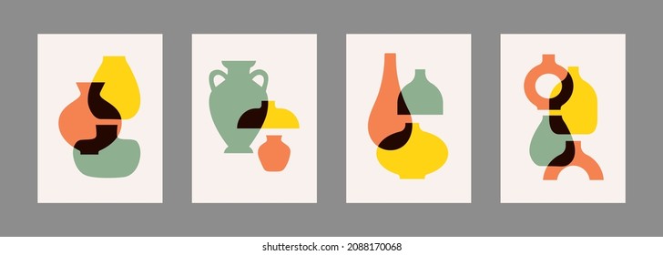 Trendy set posters with colorful various ceramic vases  different shape. Antique, ancient ceramic vases and pottery in silhouette. Vector hand drawn illustration