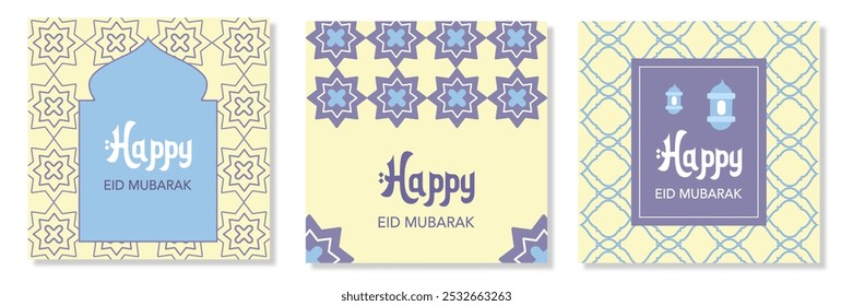 Trendy Set von Ramadan Kareem, Eid Mubarak, Eid al Adha und Eid al Fitr Illustration mit islamischem geometrischem Muster, minimalgelbem Hintergrund für Banner, Cover, Grußkarte, Poster, Social Media