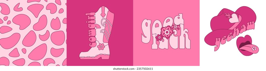Trendy set of retro Cowboy fashion covers with Pink Cowgirl hat, boots, vintage disco ball, cow pattern, Good luck lettering text. Girly western and wild west theme. Hand drawn vector square poster.
