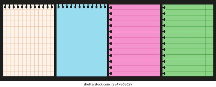 Trendy set from Retro Paper sheets isolated on black background. Collage from Notepad, norebook pages. Vector illustration in Vintage style.