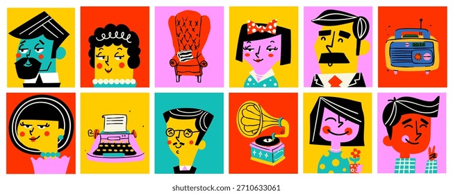 Eine trendige Reihe von Retro-Pop-Art-Vektoravataren und nostalgischen Alltagsgegenständen wie Grammophonen und Schreibmaschinen, perfekt für modernes Branding, soziale Medien und digitales Asset Design