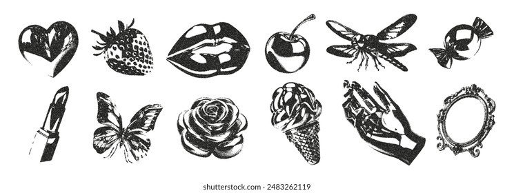 Trendy set of retro-style photocopies for printing stickers, posters, collages, banners. Hands, lips, mouth, strawberry, cherry, mirror, butterfly, rose in vintage y2k pop art style with noise effect.