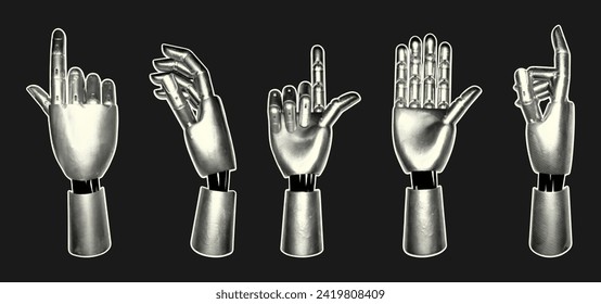 Trendy set of robot hands with a halftone effect in a retro collage style. Iron hands with different gestures for advertising artificial intelligence, chat bot.