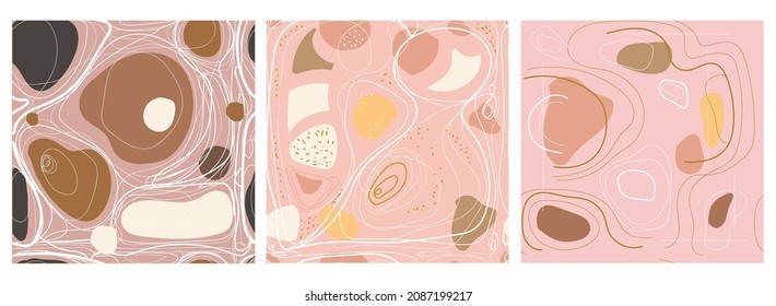 Trendy set of seamless abstract backgrounds with organic shapes and hand drawn lines in pastel colors.Backgrounds in a minimalist style.Vector illustration