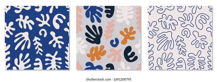 Trendy set of seamless pattern with abstract organic cut out Matisse inspired shapes in neutral colors, vector illustration, ideal for modern interior design