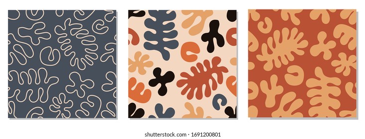 Trendy set of seamless pattern with abstract organic cut out Matisse inspired shapes in neutral colors, vector illustration, ideal for modern interior design