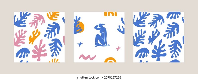 Trendy set of seamless pattern with abstract organic cut out Matisse inspired shapes of algae or corals and human figure. Female posture and geometric shapes simple flat design on white background.