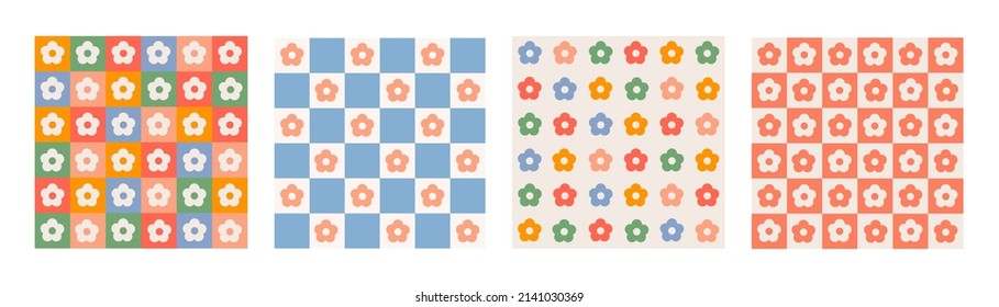 Trendy set seamless patterns with  geometric shaped flowers and checkerboard. Colorful vector background in retro style 60s, 70s.	