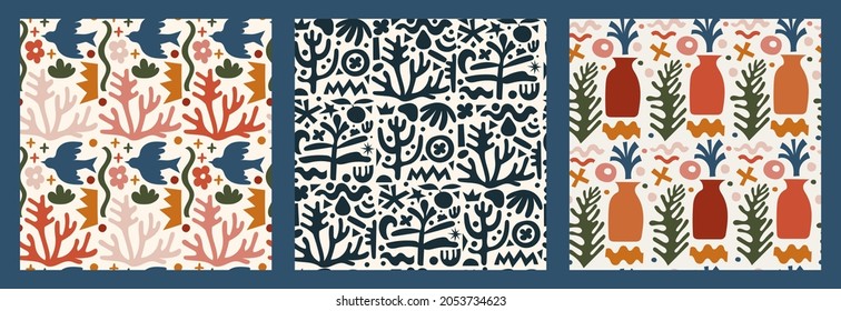 Trendy set of seamless patterns with various doodles, colorful shapes and authentic objects. Abstract modern vector illustration background. Contemporary art backdrop for print, textile.