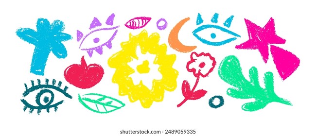 Conjunto de moda con flores de primavera multicolores diferentes Formas, ojos, hojas, manzana. Siluetas florales con hojas. Grunge dibujo de pincelada de carbón.  Estampado de Vector dibujado a mano, diseño de tela.