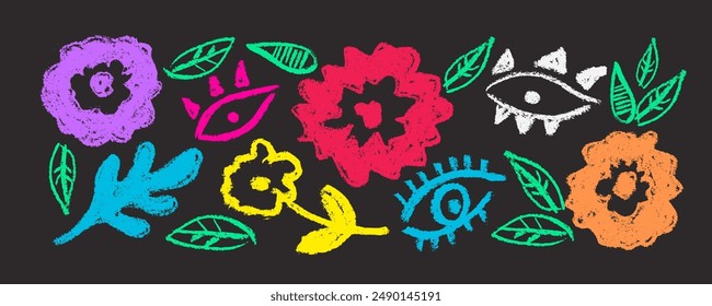 Trendy set with spring  multicolored flowers  different shapes,  eyes,  leaves. Floral silhouettes with  leaves. Grunge charcoal  brushstroke drawing.  Hand drawn vector print, fabric design.
