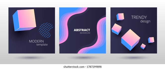 trendy set of square instagram post templates with dark background and pink and blue geometric shapes