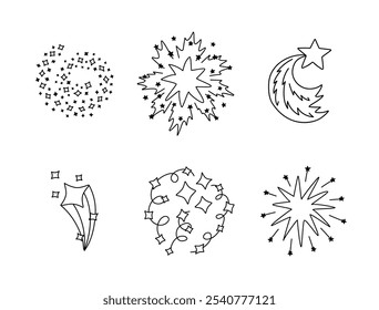 Trendy set of star dust, spiral twinkle cloud, falling star clipart with hand drawn doodle outline. Sparkling magical stardust, comet shower. Astrology, astronomy, universe, Christmas element.