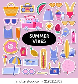 Trendy set of stickers about summer holiday, tropical beach, hot summer rest for planners. Ready for print list of stickers. Hand drawn vector vacation set with seasonal drinks, entertainment, outfit
