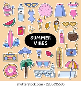 Trendy set of stickers about summer holiday, tropical beach, hot summer rest for planners. Ready for print list of stickers. Hand drawn vector vacation set with seasonal drinks, entertainment, outfit