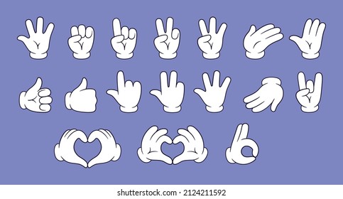 Trendy Set Of Stylish Cartoon Hands Showing Different Gestures. Toy Hands In A Glove Show A Heart, Two Fingers, Three Fingers, Thumb Up, Gesture Ok. Funny Pointers Or Icons