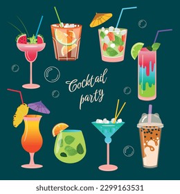 Trendy set of summer cocktails. Refreshing drinks with ice cubes, berries, fruits. Popular cocktails for menu design, posters, brochures for cafes, bars.